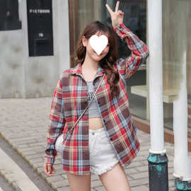 2026春秋季新款衬衫女韩版复古港味POLO领学生格子宽松外套衬衣女