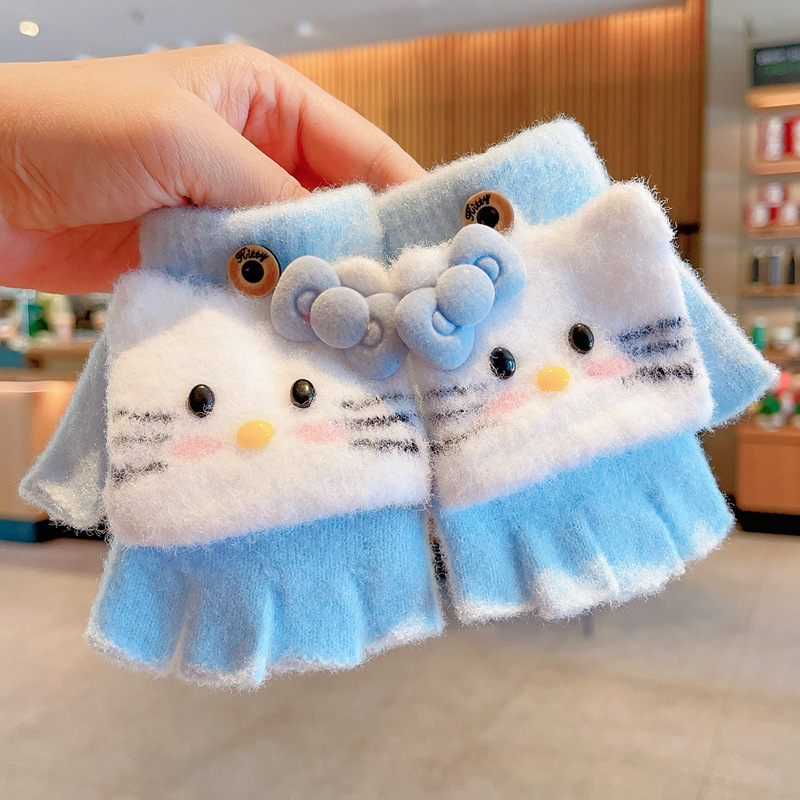 儿童凯蒂猫手套2025新款秋冬季防冻防寒保暖写字五指露指半截手套|undefined