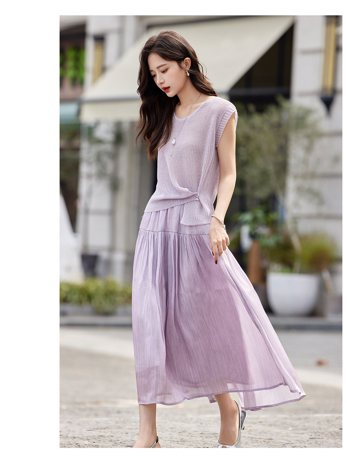 Áo thun cổ tròn tay ngắn phối chân váy midi hai dây đồng bộ nữ — màu tím, màu xám chi tiết 17