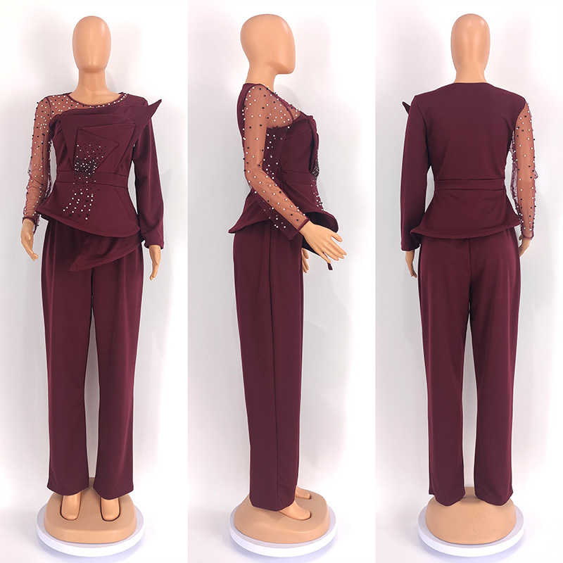 Completo pantalone donna taglie forti con dettagli in mesh e perle_voghion.com