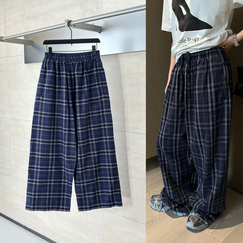 Ceiling Quality Paris B Brand 25 New Navy Blue Color-Block Plaid Flannel Casual Wide-Leg Pants for Men and Women
