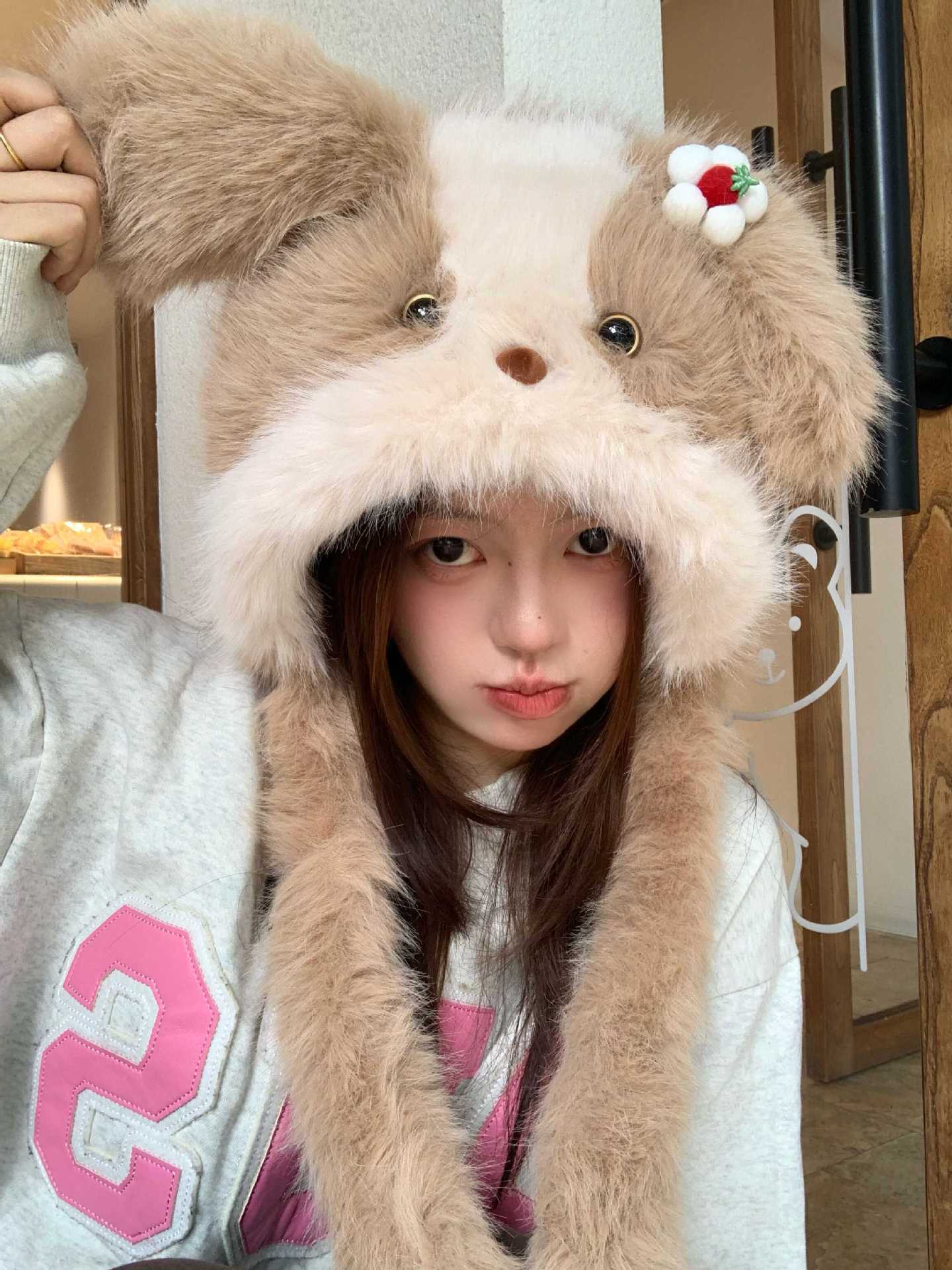 여성 겨울 강아지 귀달이 모자 목도리 일체형 보온 털모자