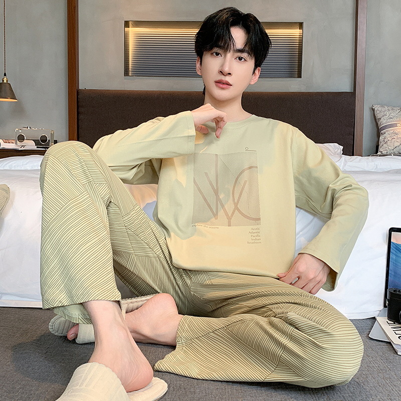 Pijama de algodón masculino primavera y otoño rayas cómodo color sólido delgado casual suelto pantalones largos de mangas largas set de ropa para el hogar