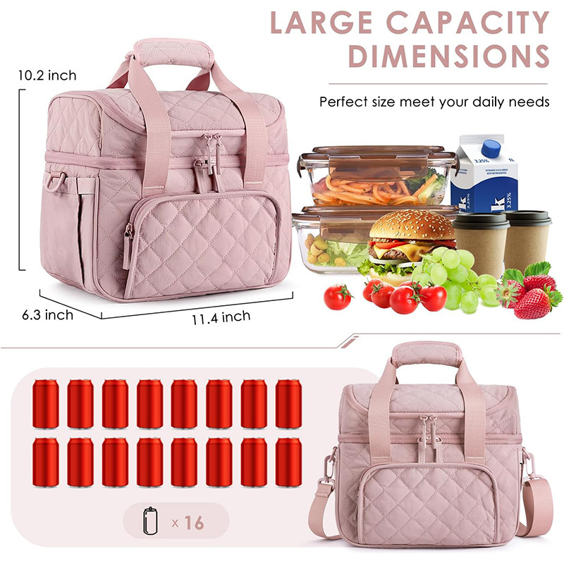 Bolsa de almuerzo de mujer, caja de almuerzo aislante de doble capa, bolsa de almuerzo refrigerada a prueba de fugas con correa de hombro ajustable, bolsa de almuerzo refrigerada