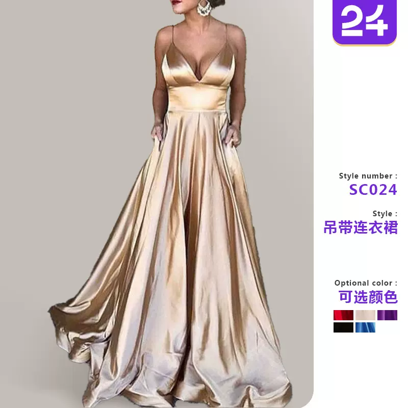 2025跨境夏季024款欧美女装性感V领连衣裙吊带纯色无袖时尚晚礼服