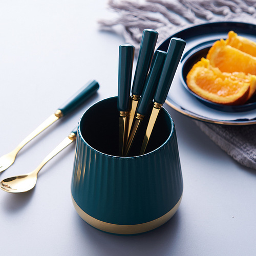 Gold-edged striped ceramic fruit fork storage jar, high-looking stainless steel fruit fork, household goodies, spoon and fork set