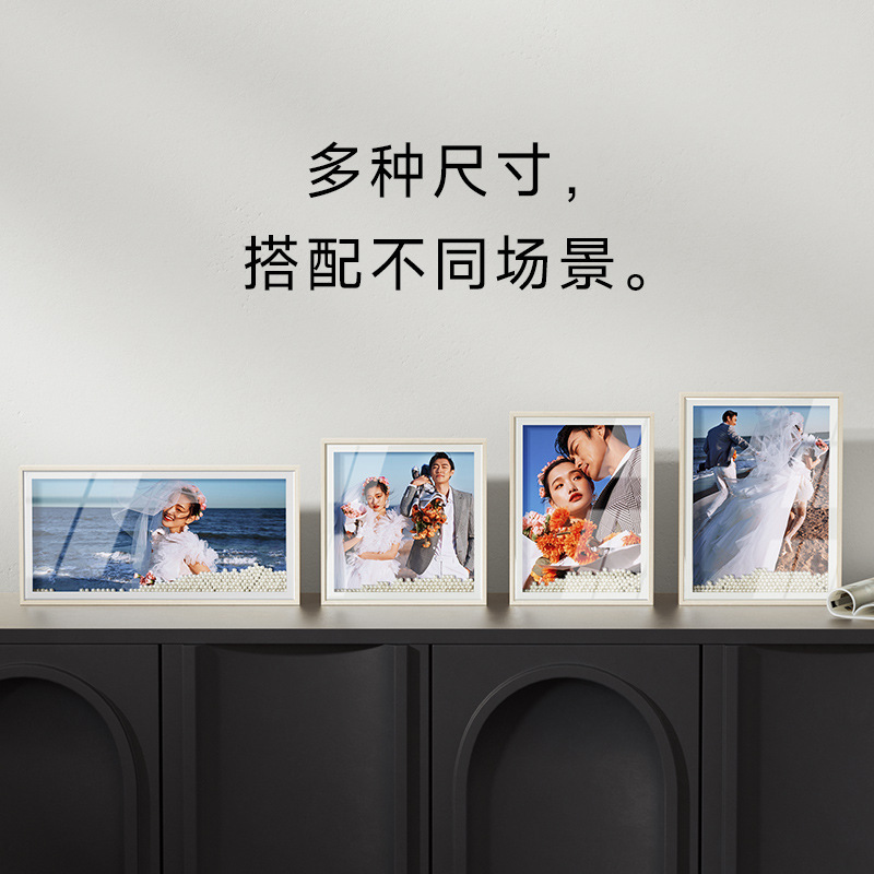 Double Glass Wooden Pearl Photo Frame Decoration Stand Wholesale Rectangular Wedding Photo Frame Solid Wood Romantic