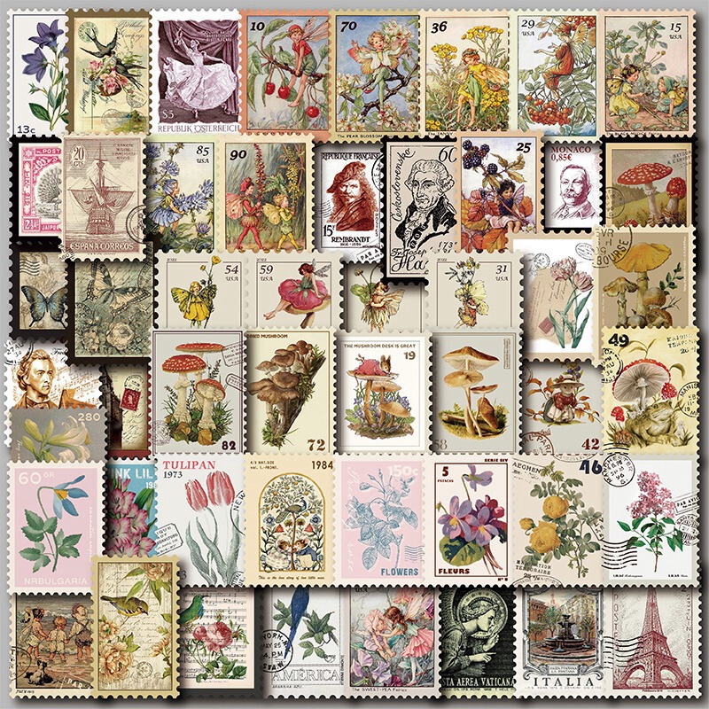 50 Stamps Effect Drawing Hand Account Stickers Retro Landscape Hand-painted Oil Painting Style Hand Account Stickers Girls Cane Stickers