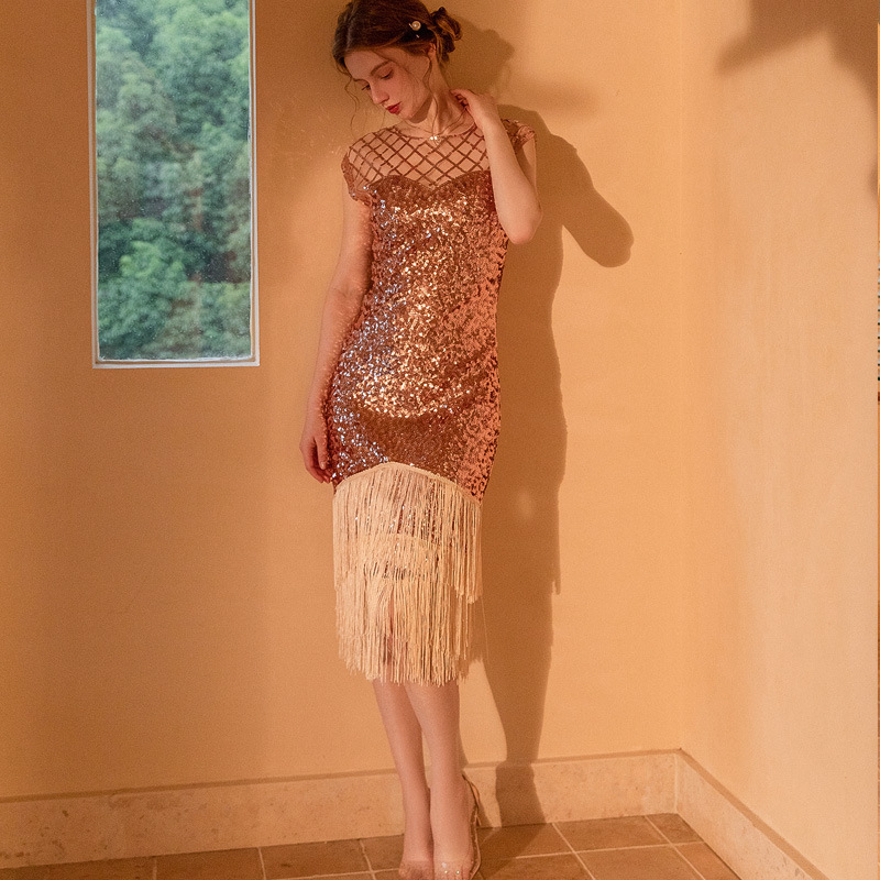 Vintage Sequin New Skirt Prom Tassel Party Dress Party Banquet Dance Skirt Toast Evening Dress Dress