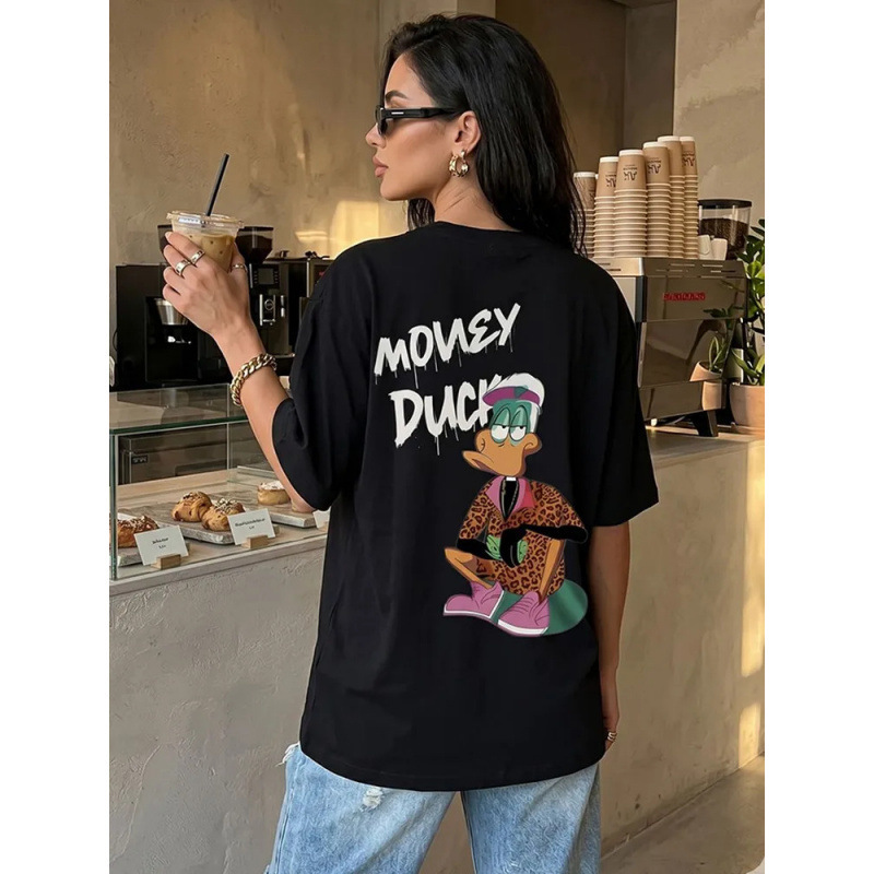 European Size Pure Cotton Trendy Hip-Hop Style Cartoon Duck Slogan Print T-Shirt Black Casual Round Neck Short Sleeve