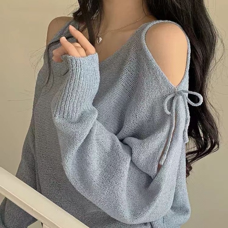单件早秋韩版甜美露锁骨系带宽松轻薄针织衫外搭时尚辣妹镂空上衣|undefined
