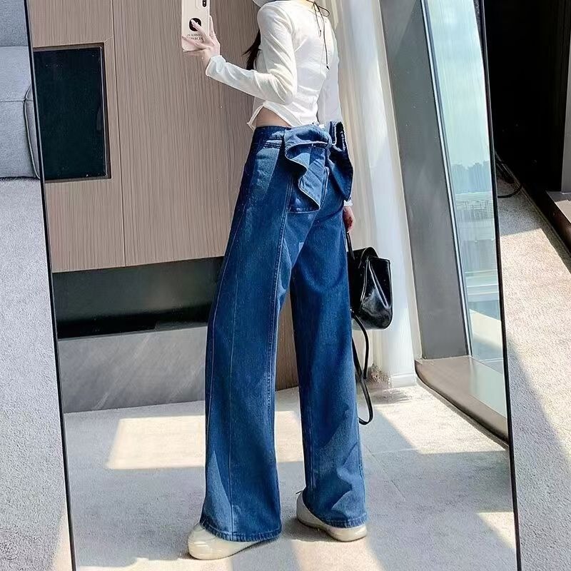 American High-Waisted Slim Jeans Early Spring New Retro Design Back Waist Bow Hyperbolic Straight Jeans