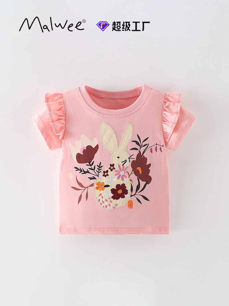 Camiseta de niña malwee transfronteriza verano nuevo estilo europeo y americano niños pequeños y medianos cuello redondo manga corta estilo occidental camiseta de niña