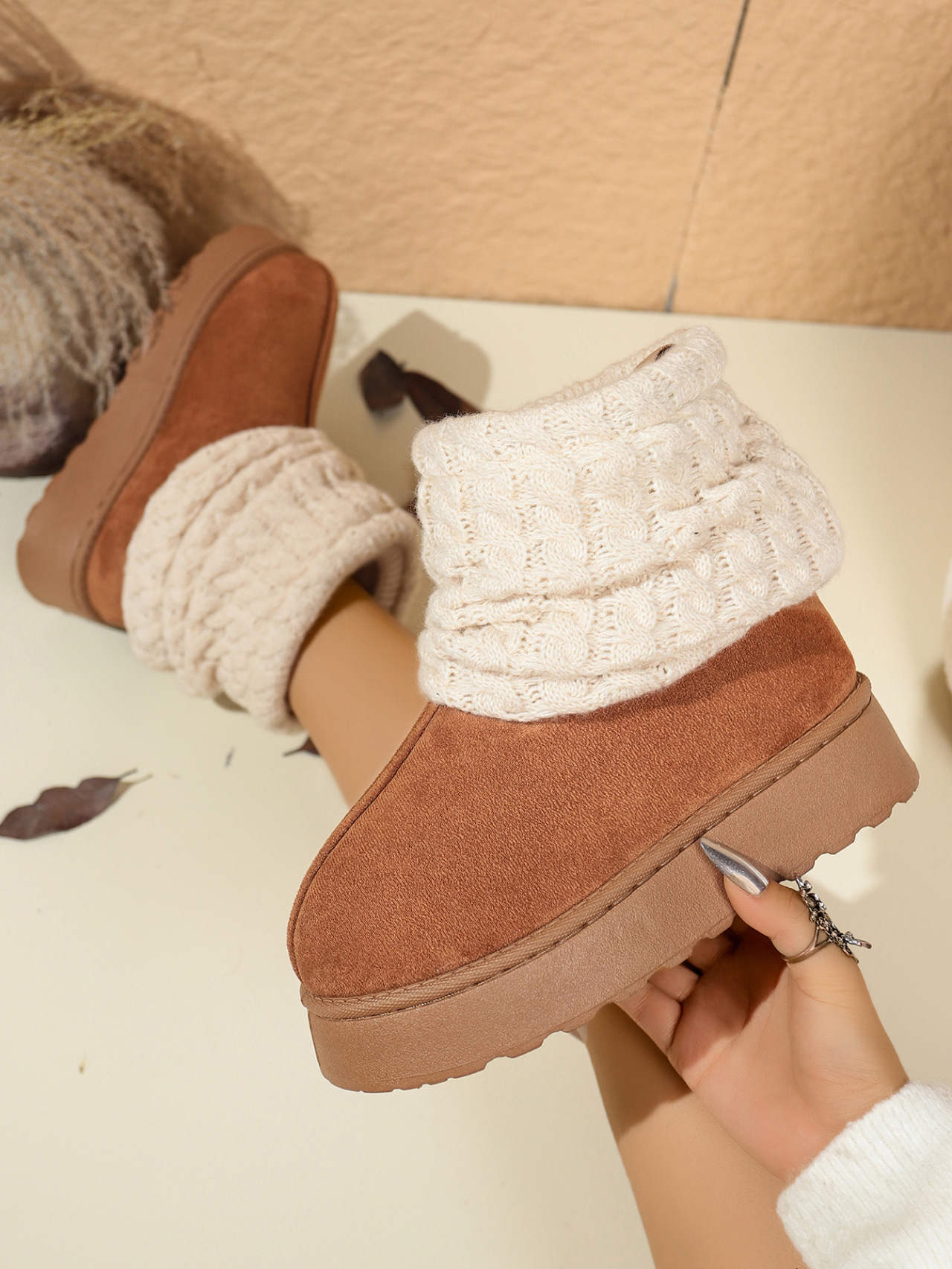 Women's Winter Thick Soled Knitted Snow Boots Fleece Lined Warm Slip On Plus Size Cotton Shoes_vogvips.com