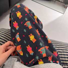韩版可爱卡通小熊印花睡裤女秋季新款家居大码长裤舒适高腰遛弯裤