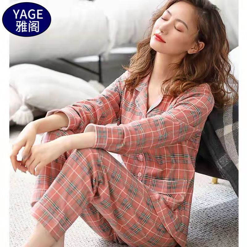 Pijamas de algodón puro Primavera y otoño de las mujeres de manga larga más tamaño cardigan traje de mediana edad y ancianos madre pijamas Otoño e Invierno