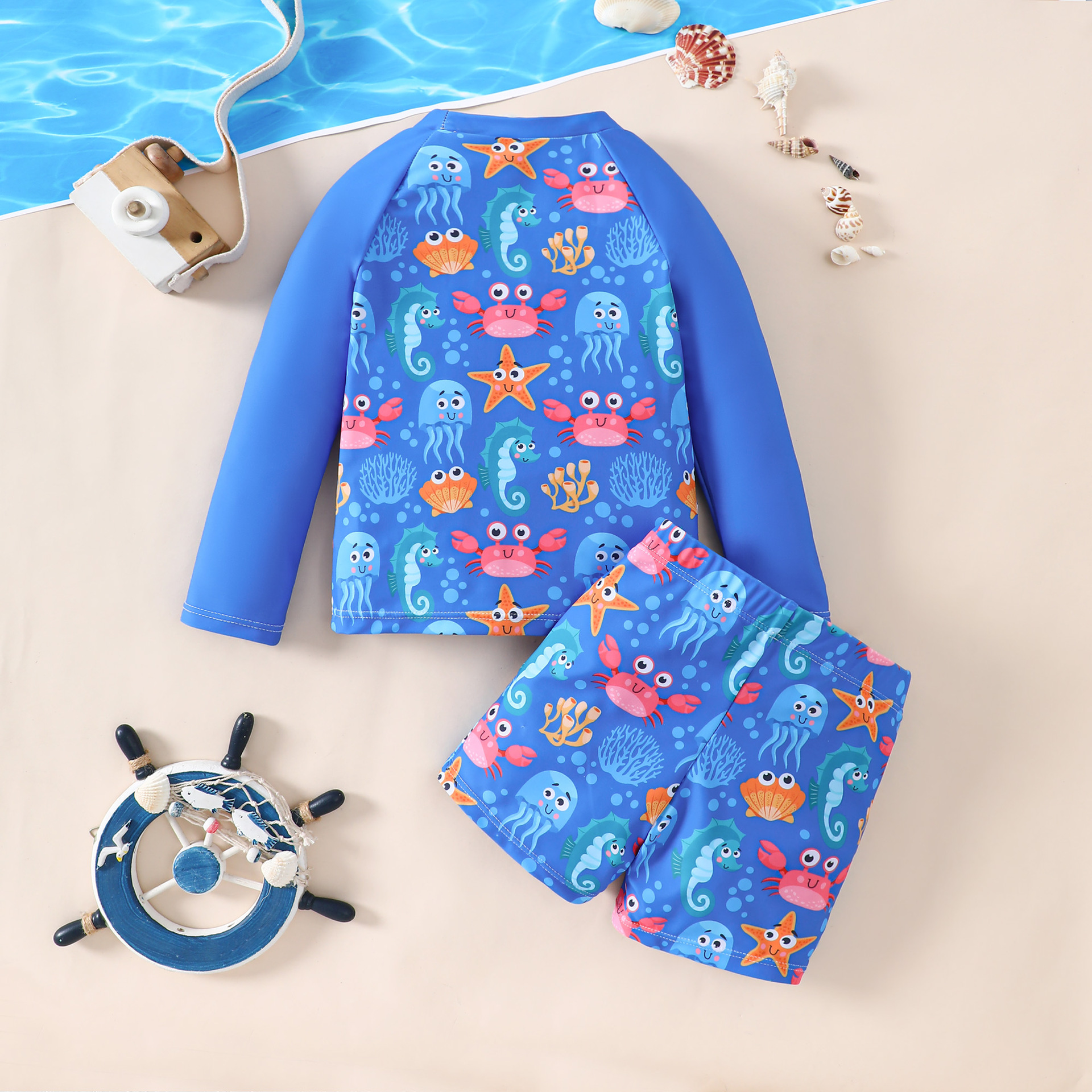 Niños trajes de baño a rayas mangas de hombro dibujos animados cangrejo manga larga impresión completa hipocaballo estrella de mar pantalones cortos trajes de baño