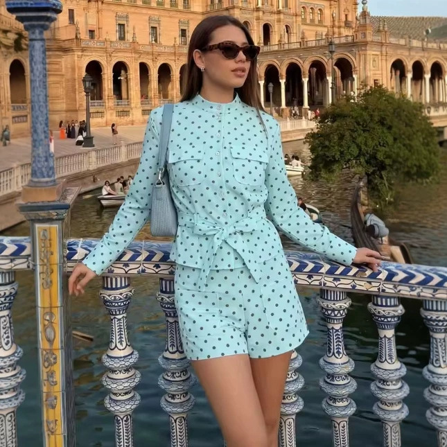 Za Cross-Border European and American Foreign Trade Women's Clothing Aliexpress Hot-Selling Summer Polka Dot Two-Piece Set Long-Sleeve Shirt Casual Pants Set
