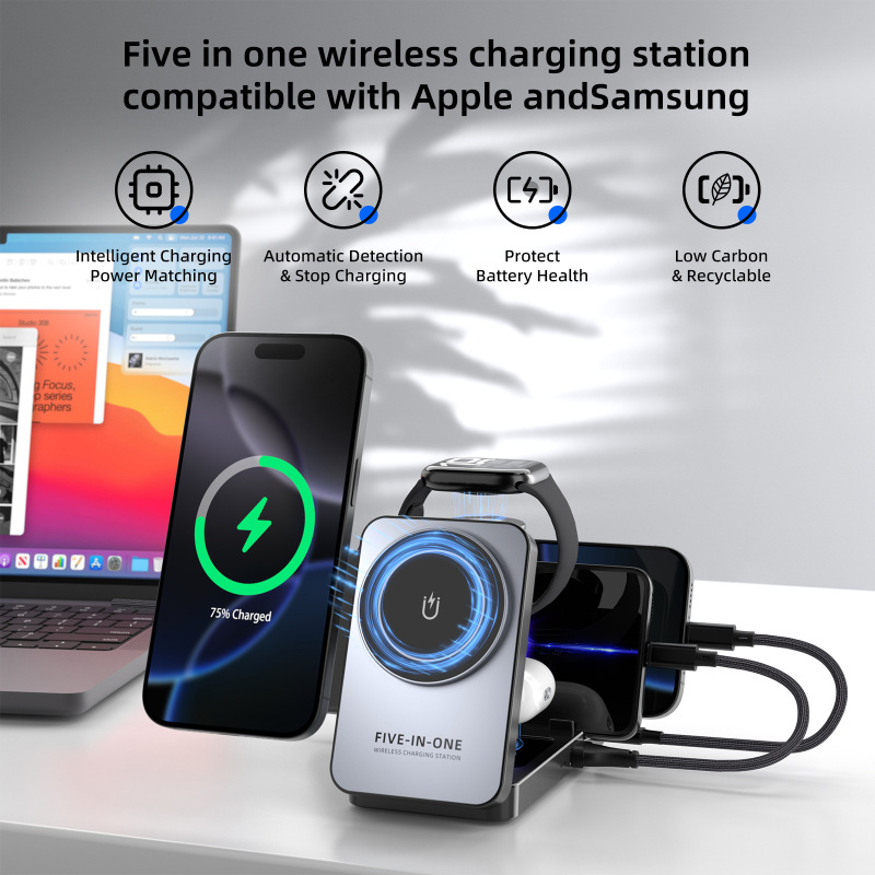 国境を越えた新製品折りたたみ磁気 5 イン 1 ワイヤレス充電器 USB18W 高速充電多機能携帯電話時計ホルダー|undefined