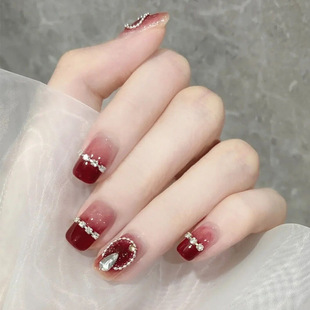 Fairy diamond chain wine red blooming wear nail nail high-grade sense nail beauty piece semi-handmade fake nail patch finished product