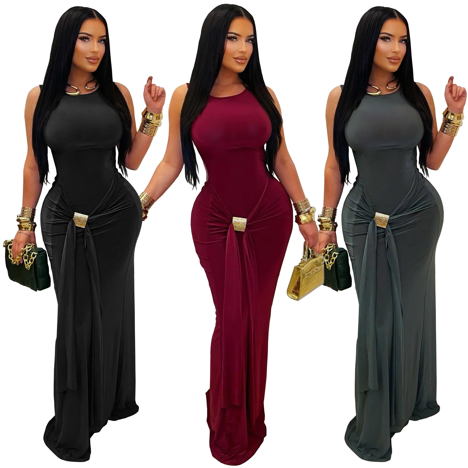 C7600 Aliexpress transfronterizo Amazon Europa y América de moda moda femenina temperamento elegante color sólido delgado vestido de espalda abierta image 6