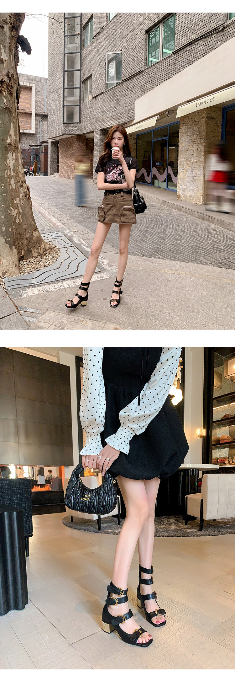 Giày sandal cao gót nữ thiết kế khóa thắt lưng, mũi hở, gót vuông 9 cm — Màu đen, Màu trắng be, Màu bạc chi tiết 7