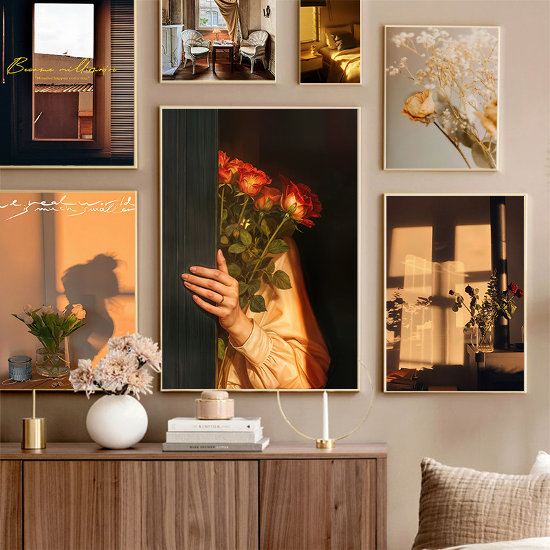 Sunset Atmosphere Hanging Painting Art Restaurant Decorative Painting Living Room Homestay Restaurant Background Wall Murals Middle Ancient Combination Painting