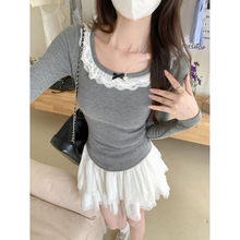 蕾丝花边长袖T恤女冬季加绒磨毛保暖打底衫内搭修身短款上衣