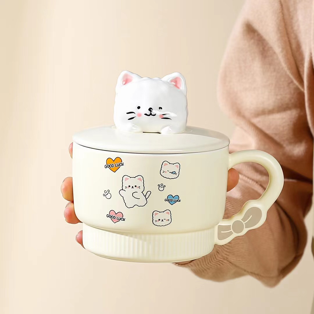 Creativo lindo gato de dibujos animados Taza de cerámica de alto aspecto taza de desayuno con tapa cuchara taza de avena con mano regalo taza de agua
