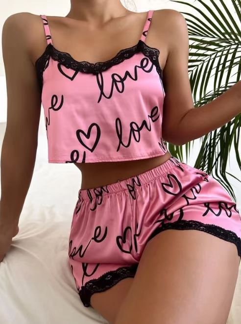 Women's Simple Style Letter Heart Shape Polyester Satin Printing Lace Shorts Sets display picture 4