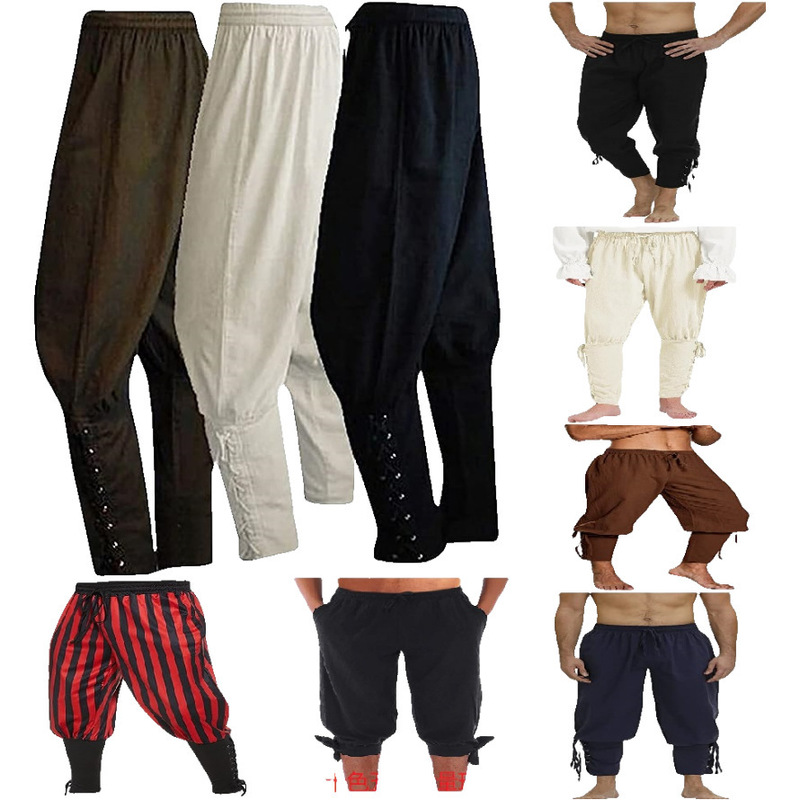 European and American Cross-Border Amazon Men's Cotton and Linen Trousers Ankle Strap Trousers Medieval Viking Pirate Leggings Trousers