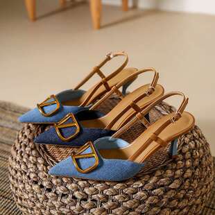 Baotou Sandals for Women ~ 2025 Summer New Stiletto Fashion Sexy V-Buckle Pointed Toe Outer Denim High Heels