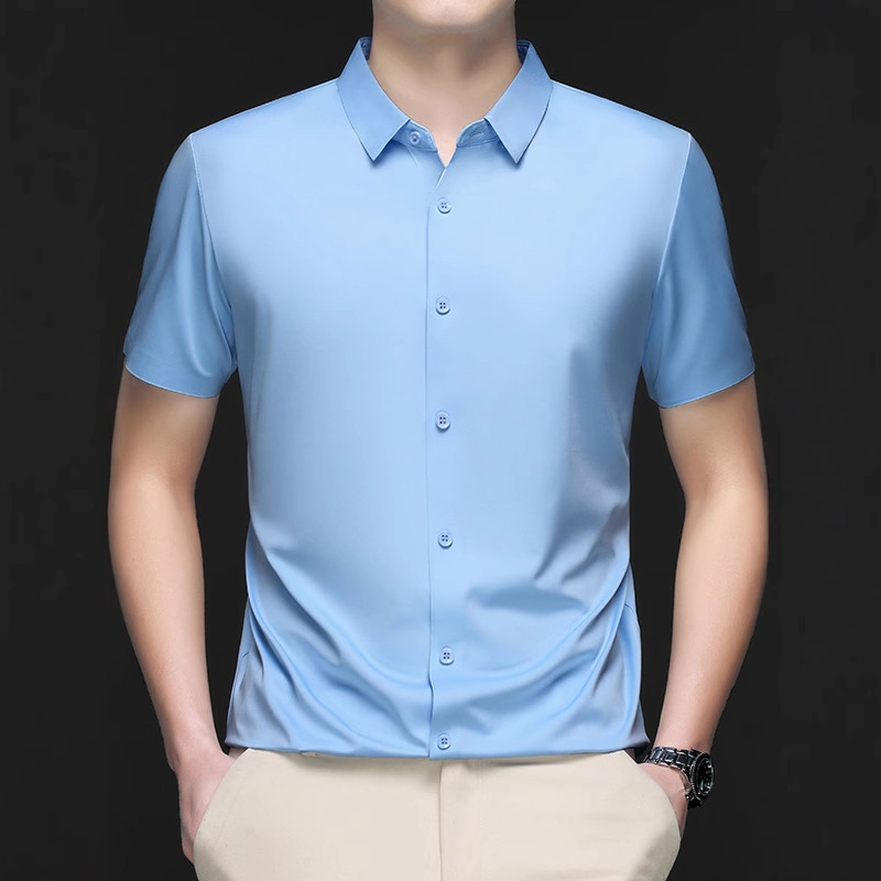 Outside the live broadcast station men's seamless solid color half sleeve shirt lapel high quality summer ice silk non-iron business shirt