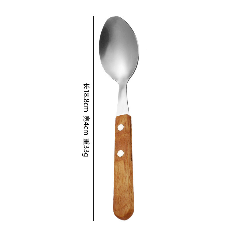 Cuchillo, tenedor y cuchara de acero inoxidable 410 con mango de madera estilo japonés, cuchillo para carne estilo occidental con mango de madera.