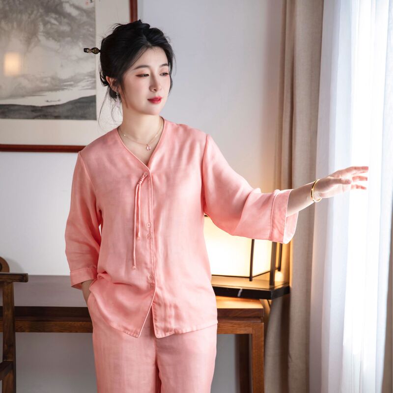 New Chinoiserie Spring and Summer Double Layer 100% Tencel Women's Thin Three-Quarter Sleeve Pajamas Men's Home Clothes Couple Set New Chinoiserie Spring and Summer Double Layer 100% Tencel Women's Thin Three-Quarter Sleeve Pajamas Men's Home Clothes Couple Set