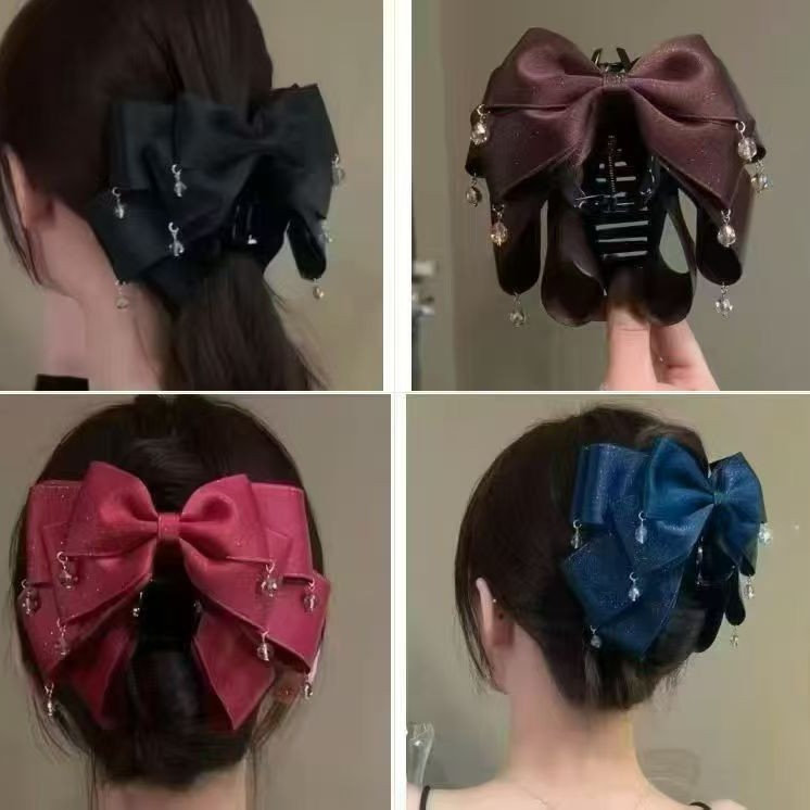 A Curtain of Dreams Satin French Multi-Layered Bow Pendant Ponytail Clip Half-Tied Hair Fashionable Elegant Hairpin