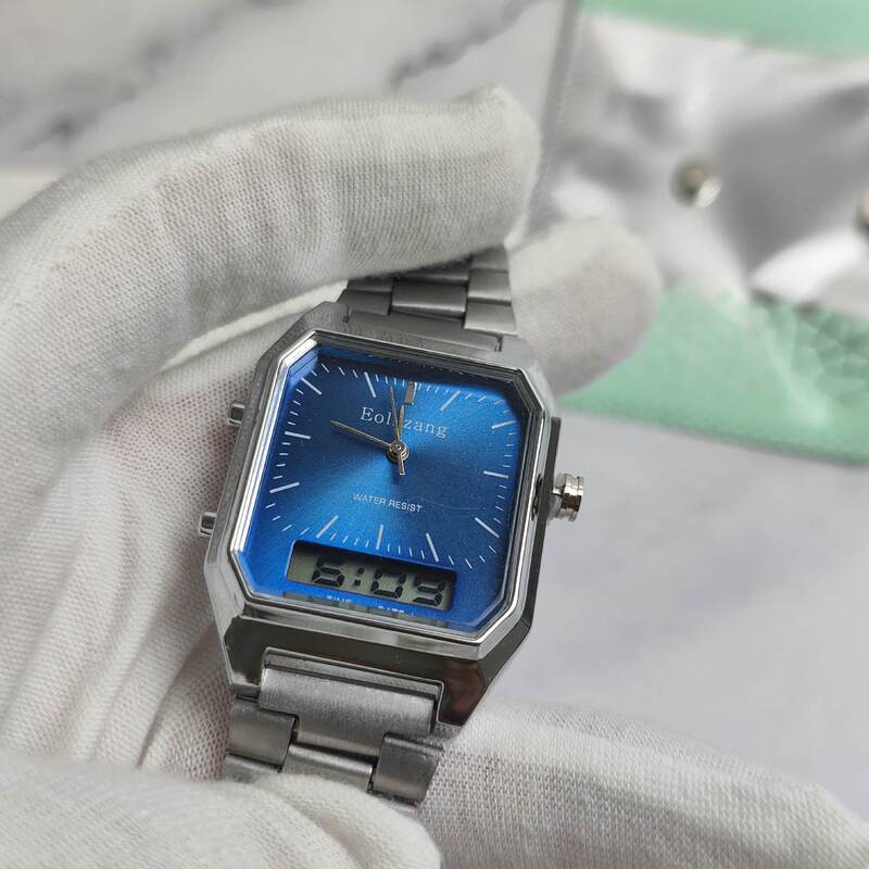 Electronic Watch, Simple Retro Quartz Watch, Rectangular Steel Band, Dual Display, Small Silver Watch, Multi-Functional, Waterproof, Luminous