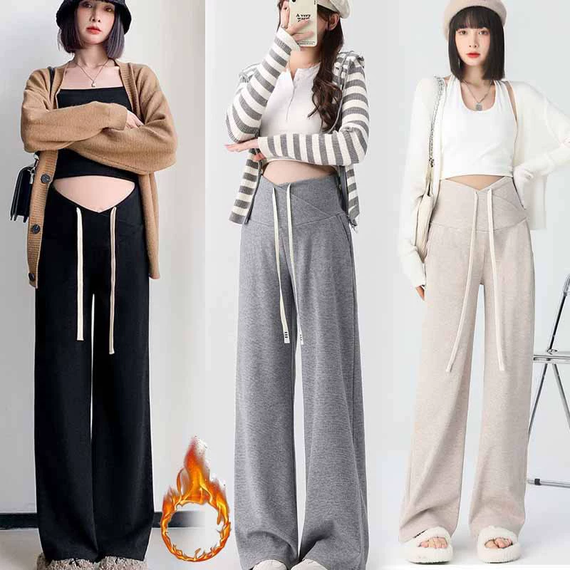 Autumn warm trend trousers for pregnant with belly support, drawstring, plus size, fitted, loose straight fit