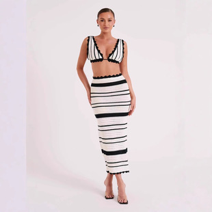 European and American Cross-border Striped Two-piece Women's Clothing Amazon Knitted Sling Chest Wrap Top Skirt Fashion suit Women