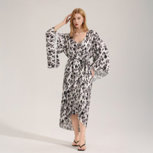 跨境新款WB印花缎面雪纺优雅长款女士睡袍纯色简约轻奢家居服3778