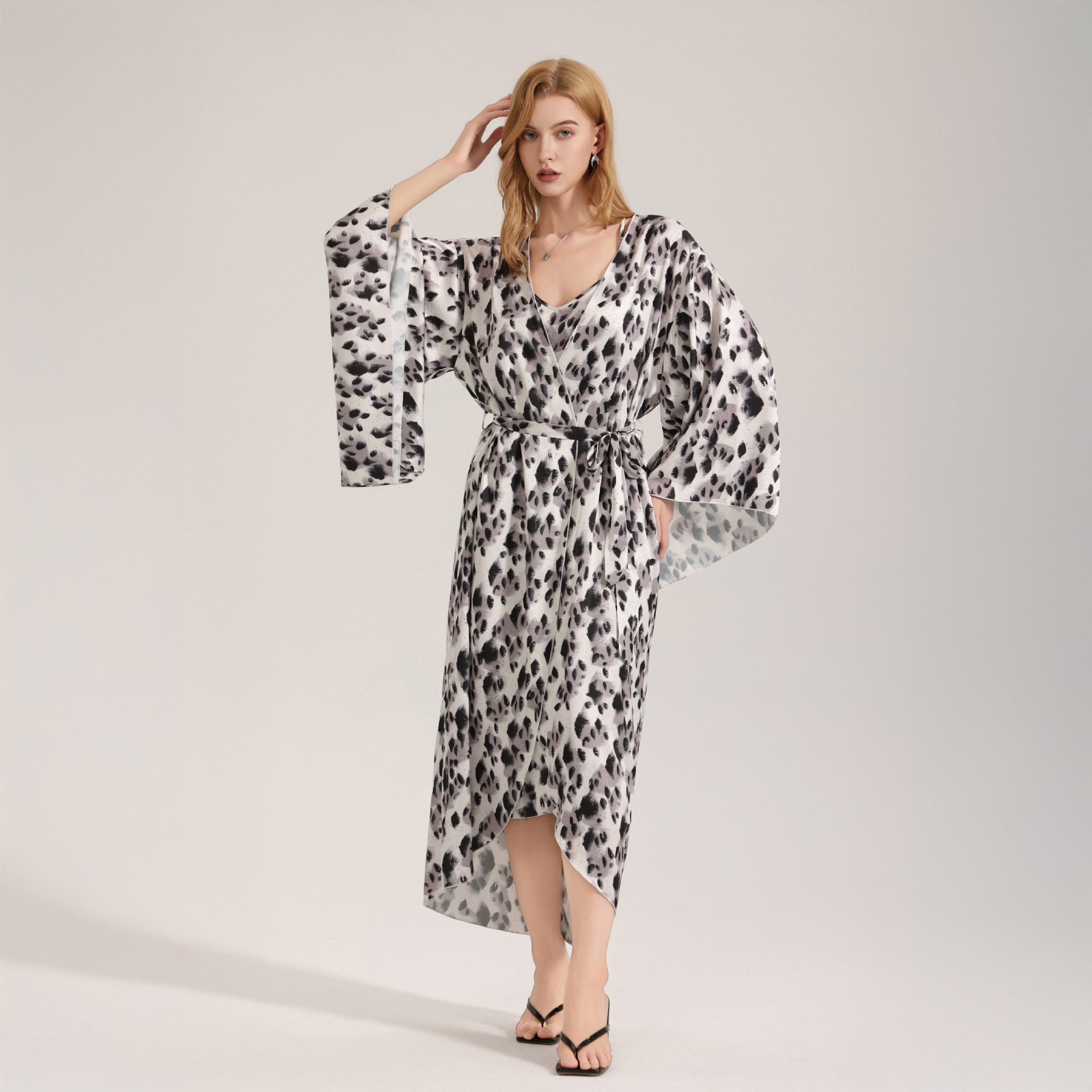 跨境新款WB印花缎面雪纺优雅长款女士睡袍纯色简约轻奢家居服3778