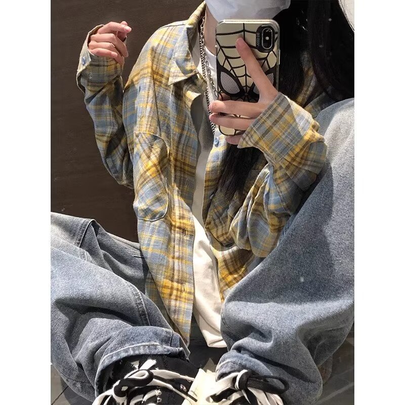 한국 옷깃 POLO 칼라 커플 디자인 감각 셔츠 소녀 체크 무늬 셔츠 긴 소매 코트 도매 국경