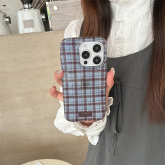 英伦风蓝棕格纹英文标签适用iPhone17苹果16ProMax手机壳15少女心