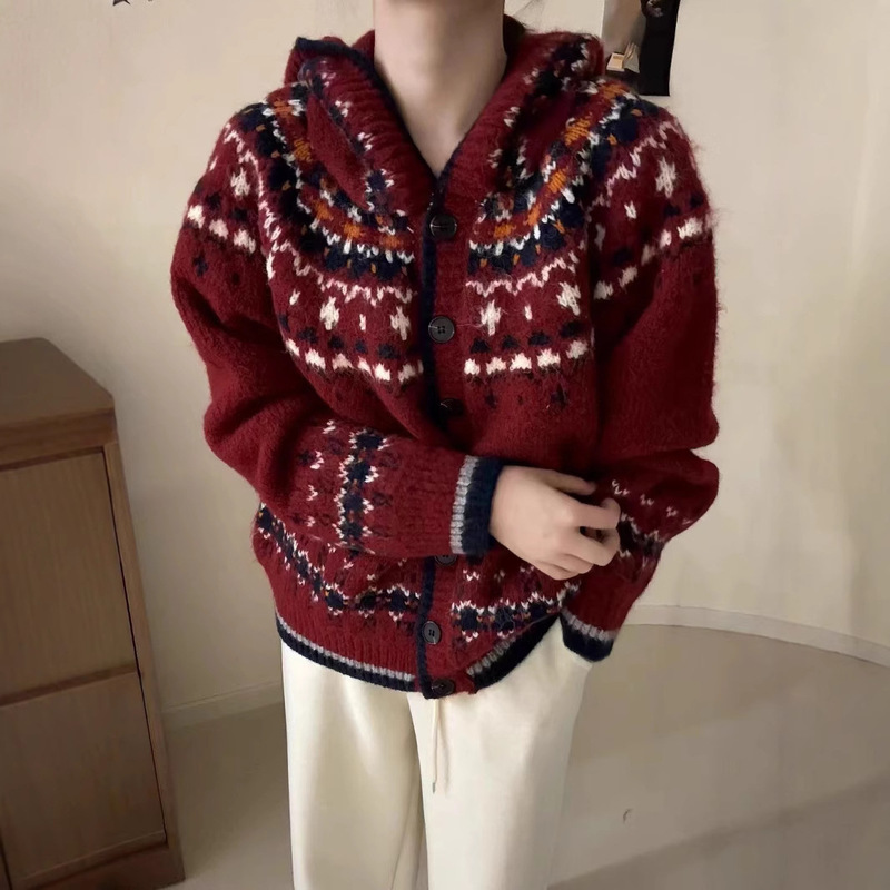 韓国版秋冬ファッション新作韓国東大門レトロ模様学院風ニットフード付きセーターカーディガン|undefined