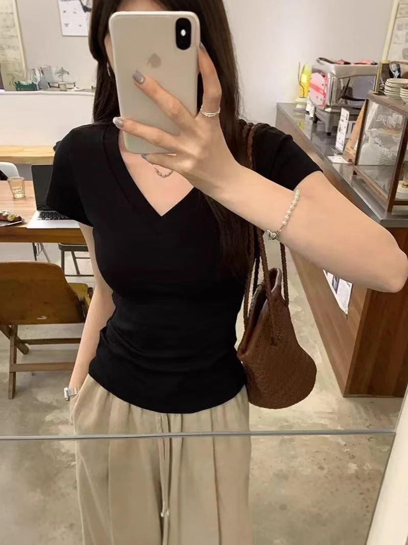 Yizhixin 어깨 티셔츠 여성용 여름 반팔 V 넥 라운드 넥 두꺼운 슬림 핏 타이트 허리 디자인 아메리칸 스타일 핫 걸 탑