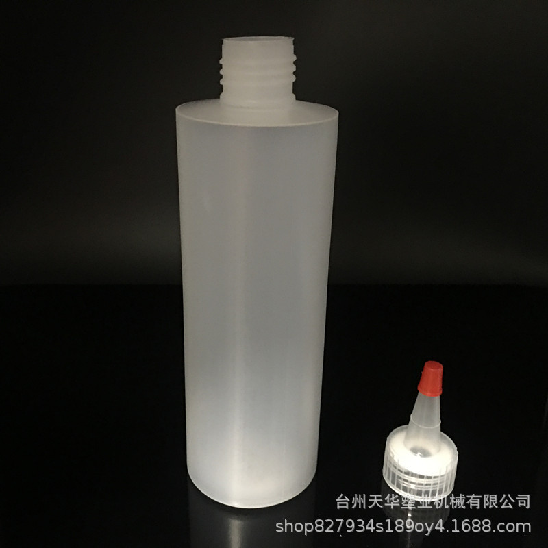 24-410 botella de plástico HDPE hombro plano botella de tapa boca puntiaguda botella cilíndrica tapa de cabeza roja transparente squeeze botella recta botella de plástico