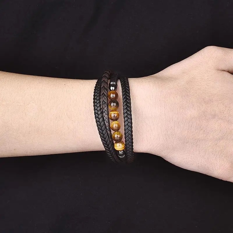35g Weight wristband Classification Pu Leather Chain Material Woven Chain Chain Type Street Occasion Pu Leather, natural stone Material Geometric Pattern Men's Gender Polishing Design Vintage Style, Streetwear Style Vintage Style Streetwear Geometric Pu Leather Natural Stone Polishing Men's Wristband Men Cord & Leather Bracelets 3