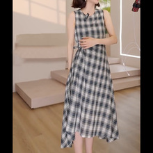 EL【格调裙】气质撞色无袖收腰格子连衣裙女2025年秋季有内衬裙子