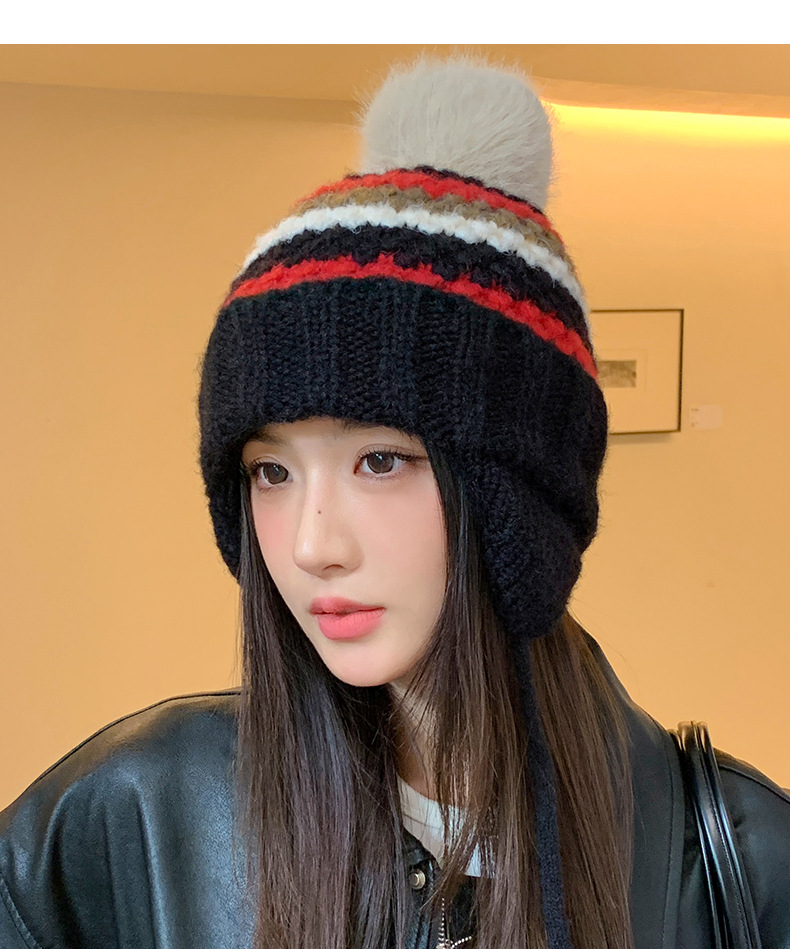 New Retro Fair Isle Style Warm Thickened Fleece-Lined Winter Knitted Hat, Cold-Proof Ear Protection, Tie-Up Wool Hat_voghion.com