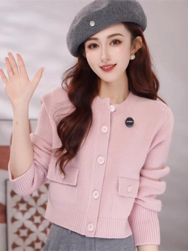 Áo len cổ tròn ngắn tay dệt kim len cừu phong cách đơn giản — Xanh lá cây nhạtcolor